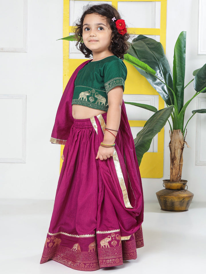 Grapevine Elephant Zari Embroidery Chanderi Cotton Lehenga with Stitched Green Blouse Set | SHOBITAM