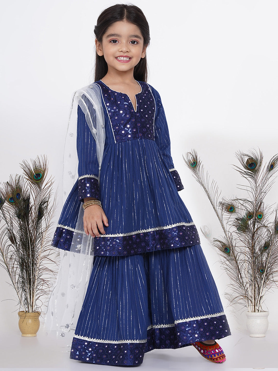 Girls Mirror work Kurta frock with Sharara and Dupatta in Blue and White | SHOBITAM