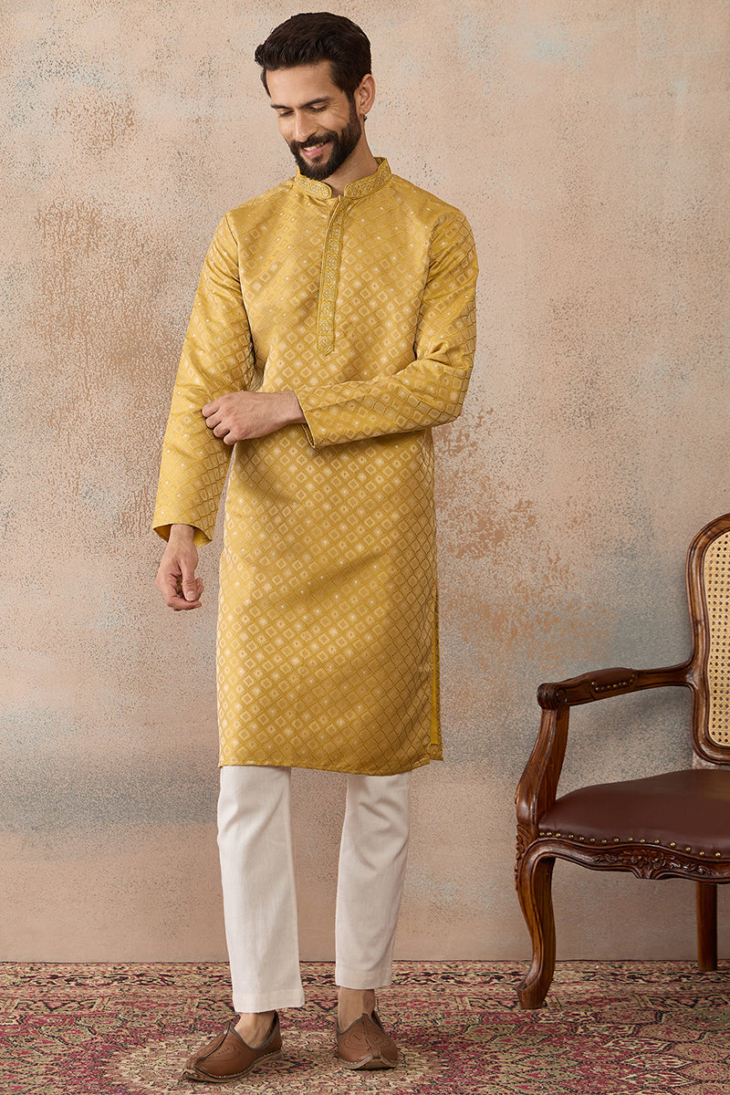 Mens Yellow Jacquard Ethnic Motifs Embroidered Kurta  | SHOBITAM
