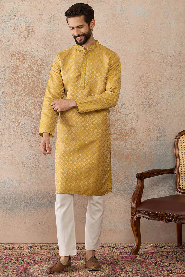 Mens Yellow Jacquard Ethnic Motifs Embroidered Kurta  | SHOBITAM