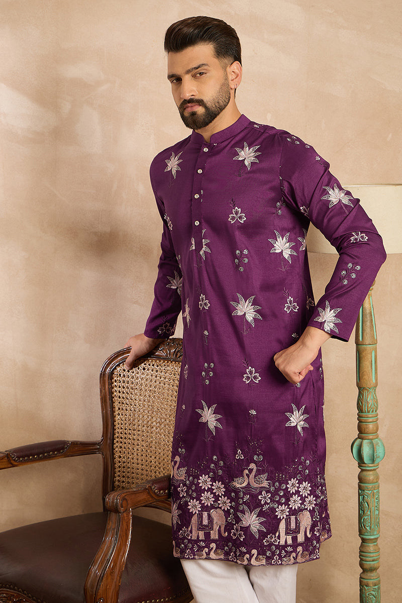 Purple Polyester Solid Embroidered Straight Kurta For Men | SHOBITAM