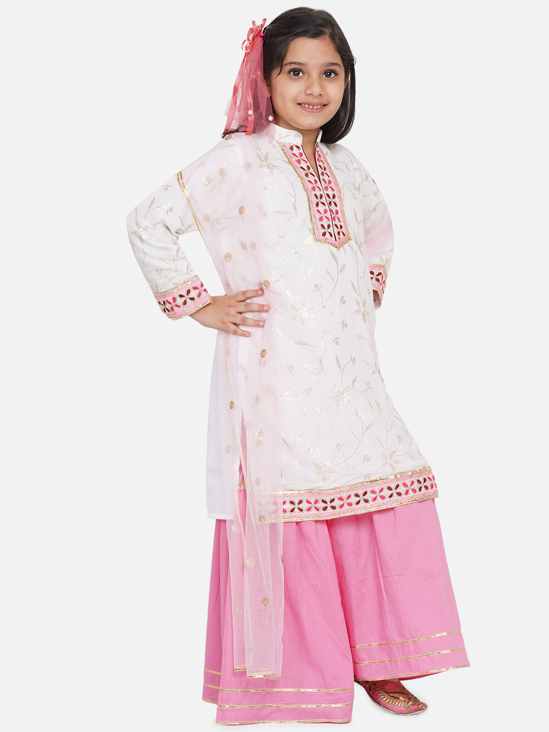 Girls Bengali Embroidery Lacework Kurta with Sharara & Dupatta in White & Pink |SHOBITAM