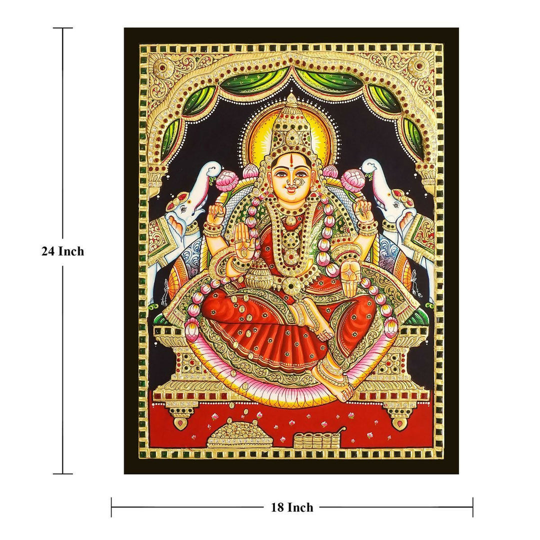 18*24 Authentic TANJORE PAINTING GAJA LAKSHMI With 22 Ct gold Foil and Jaipur Gemstones,Unframed | SHOBITAM