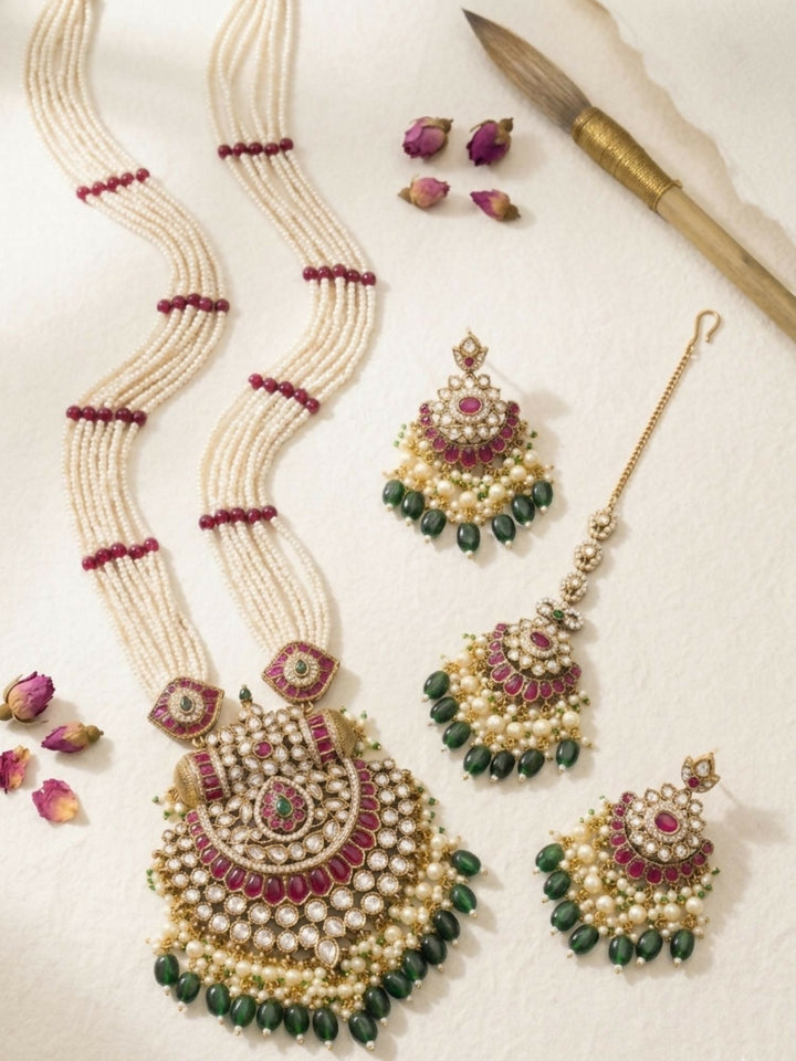 Gold Plated Long Bridal Polki Stone Necklace Set | shobitam