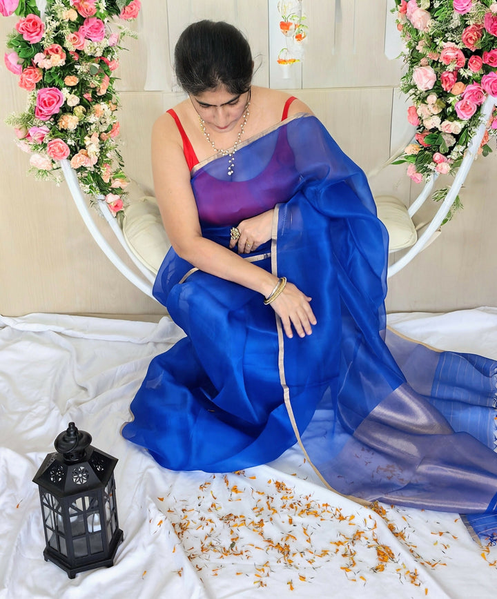 Royal Blue Banarasi Kora Organza Silk Saree | SILK MARK CERTIFIED | SHOBITAM