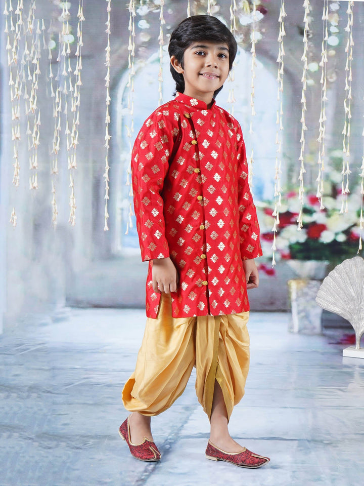 Boys Floral Embrodiery Sherwani with Dhoti -Red & Golden | SHOBITAM
