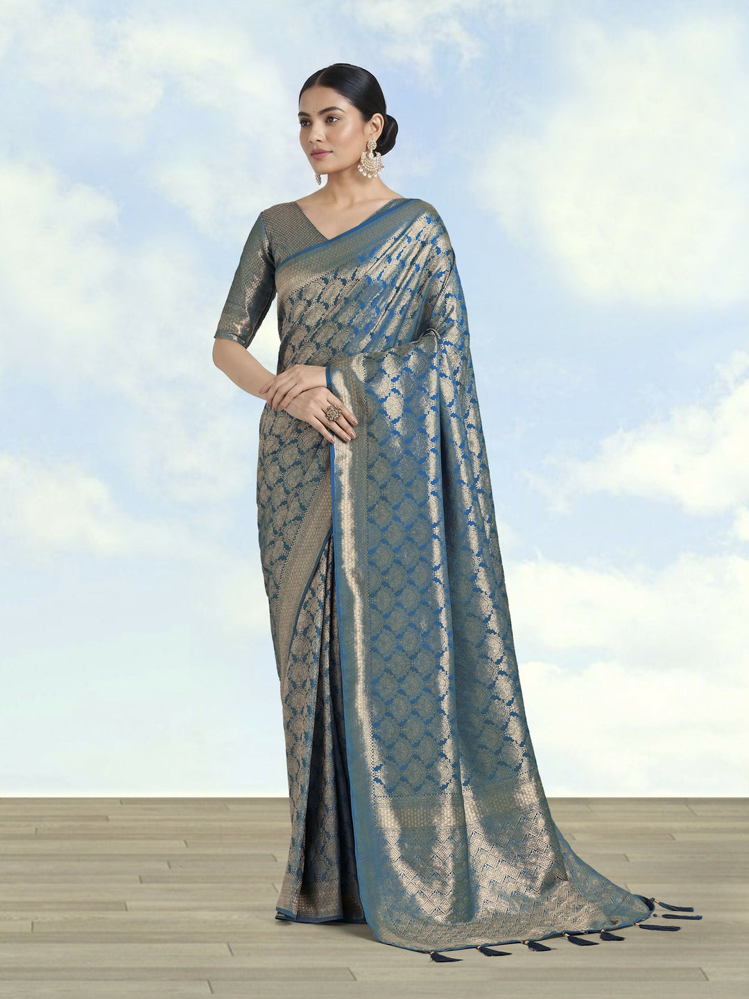 Cyan blue Banarasi Satin Silk Zari Weaving Work Saree | SHOBITAM