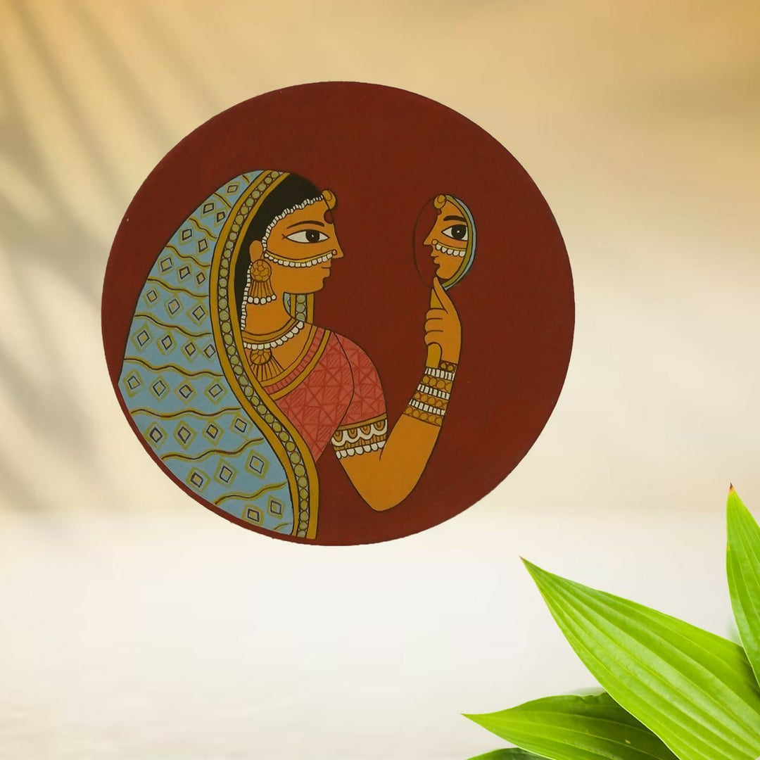12" Indian Lady with Mirror Round Wooden Wall Plate | SHOBITAM