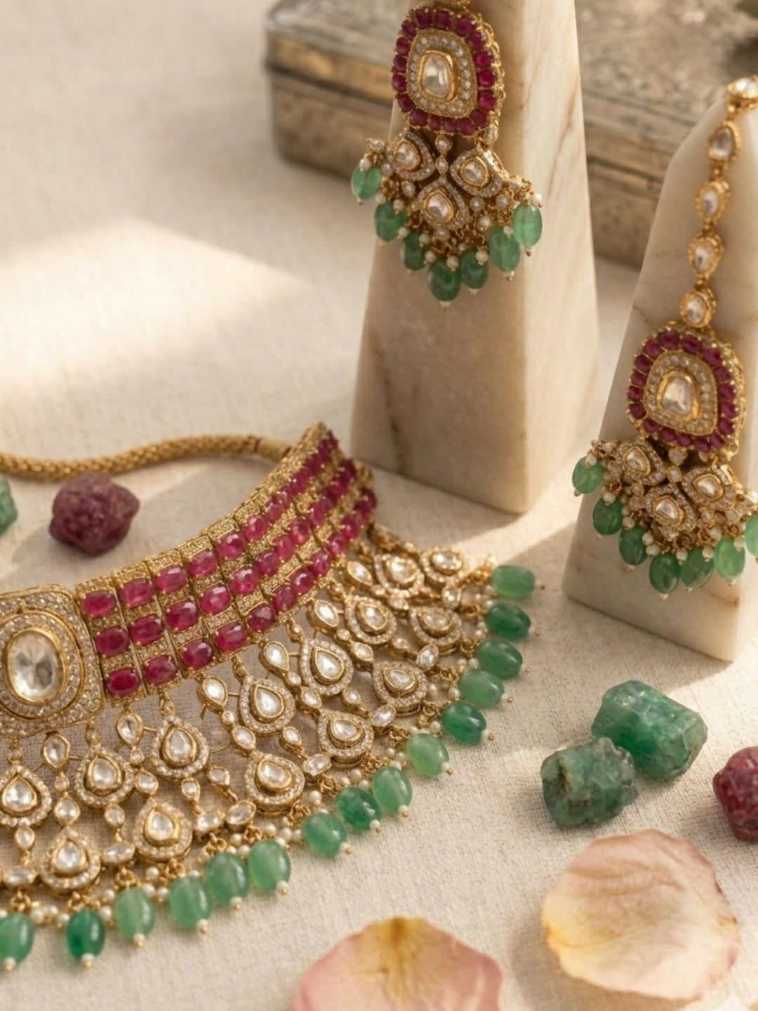 Royal Kundan & Emerald Bridal Choker Set with Maangtikka | SHOBITAM