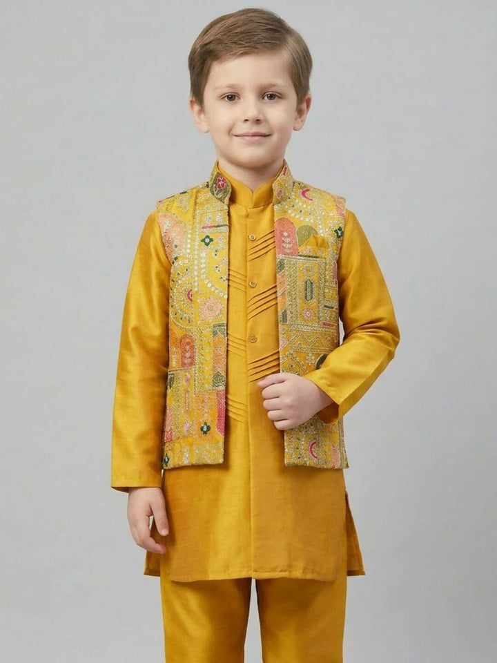 Boys Mustard Kurta Pajama Set with Printed Nehru Jacket | SHOBITAM