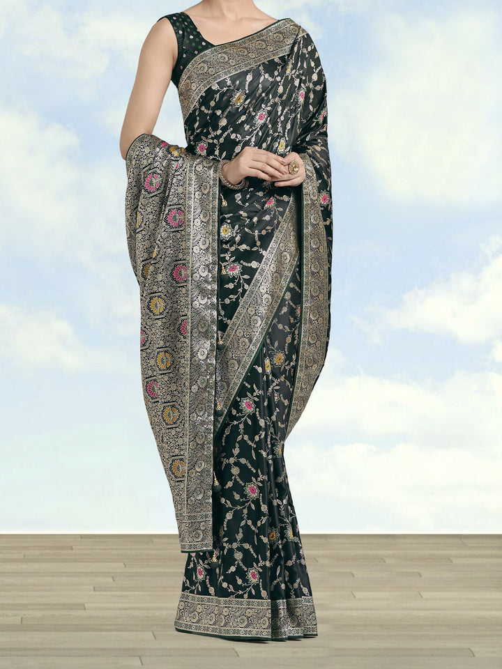 Dark Green Zari Woven Banarasi Satin Silk Saree | SHOBITAM