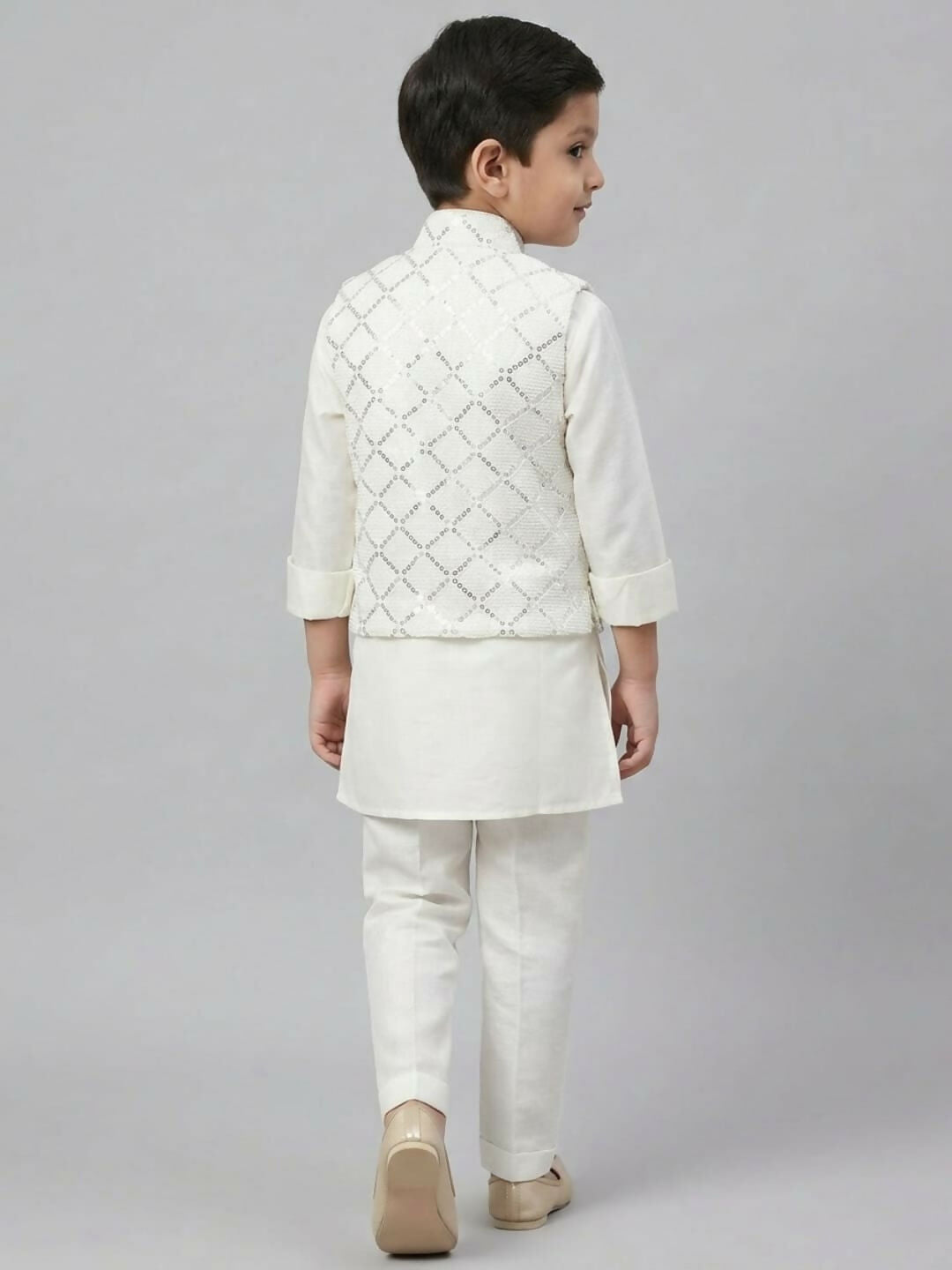 Boys White Kurta Pajama Set with Embroidered Nehru Jacket | SHOBITAM