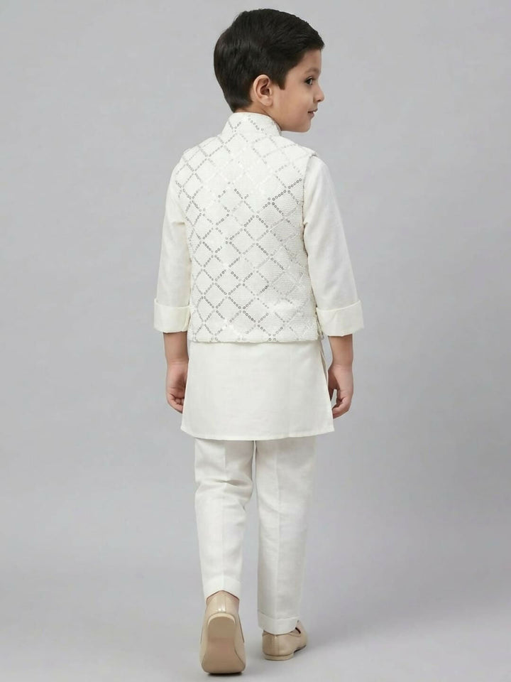 Boys White Kurta Pajama Set with Embroidered Nehru Jacket | SHOBITAM