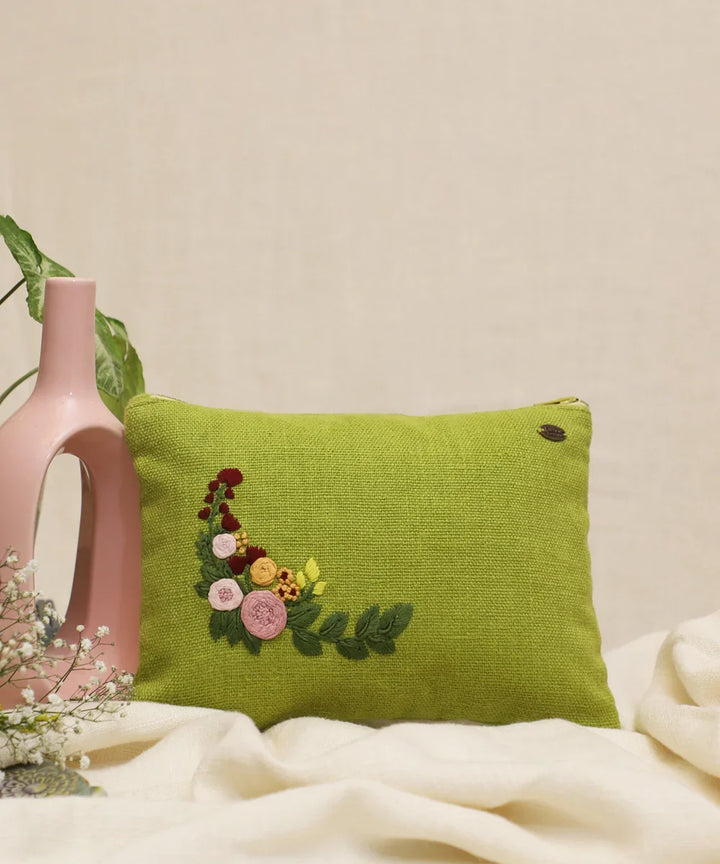 Bright Olive Green hand embroidered Pure Linen Utility Pouch with Lining & Zip | SHOBITAM