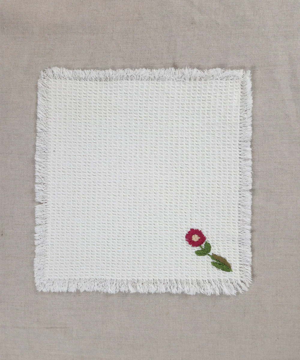 Embroidered Face Towel - Set of 4 pcs in Soft Cotton Waffle | White with Maroon | SHOBITAM