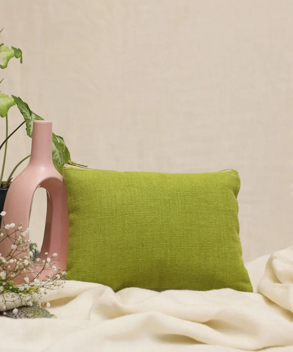 Bright Olive Green hand embroidered Pure Linen Utility Pouch with Lining & Zip | SHOBITAM