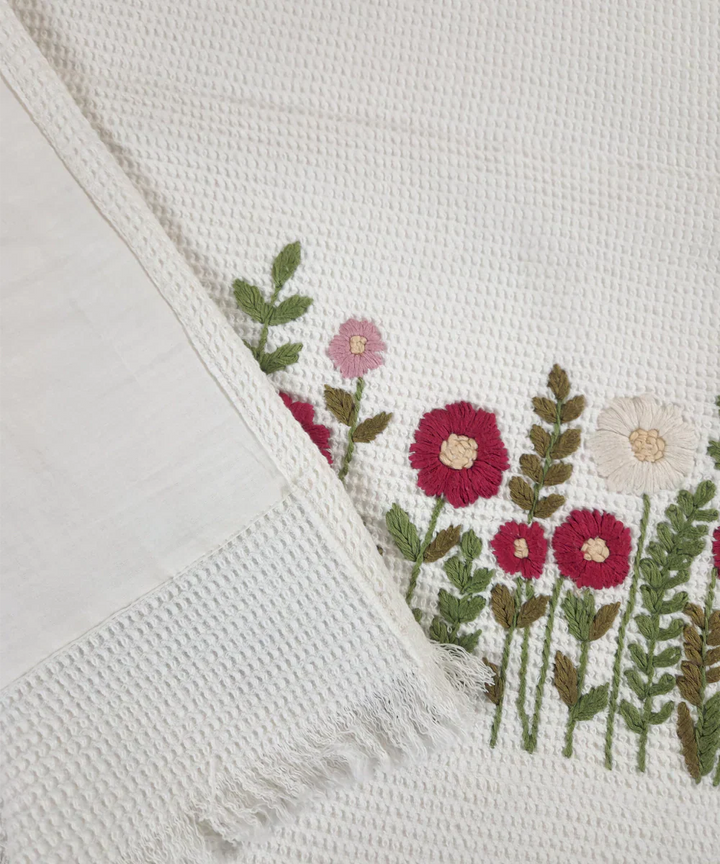 Embroidered 1 Pc Bath and 2 Pcs Hand Towel Set | Cotton Waffle Fabric | White | SHOBITAM