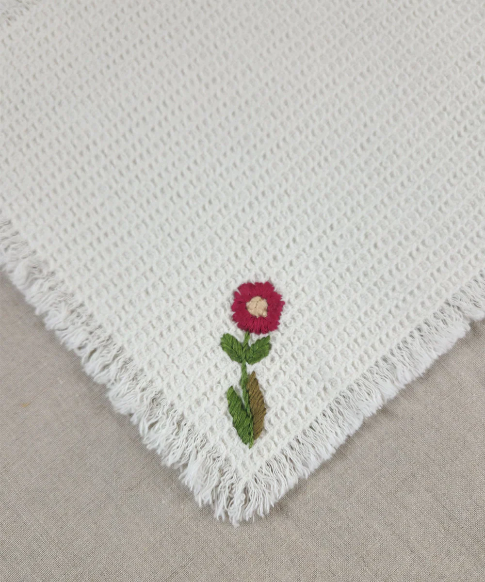 Embroidered Face Towel - Set of 4 pcs in Soft Cotton Waffle | White with Maroon | SHOBITAM