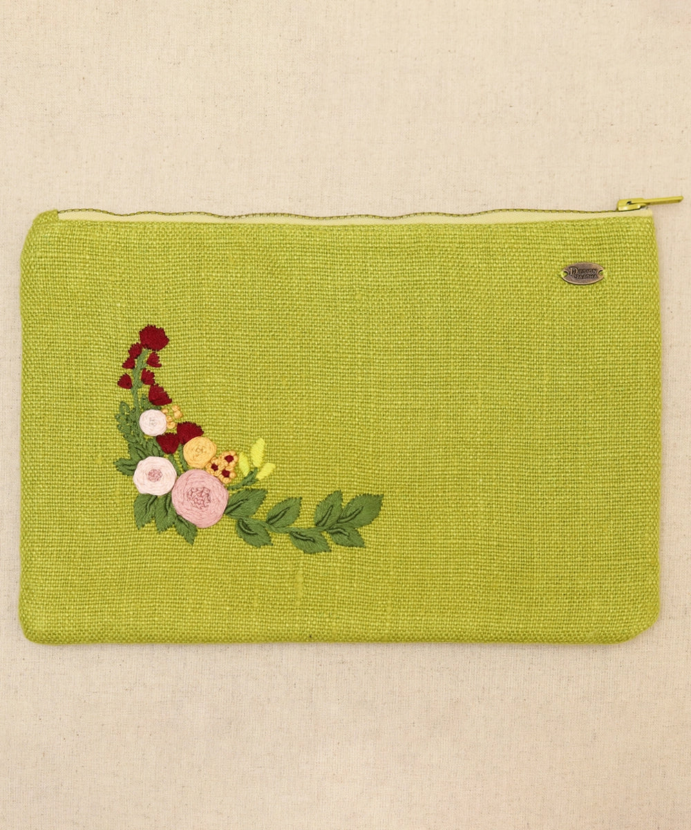 Bright Olive Green hand embroidered Pure Linen Utility Pouch with Lining & Zip | SHOBITAM