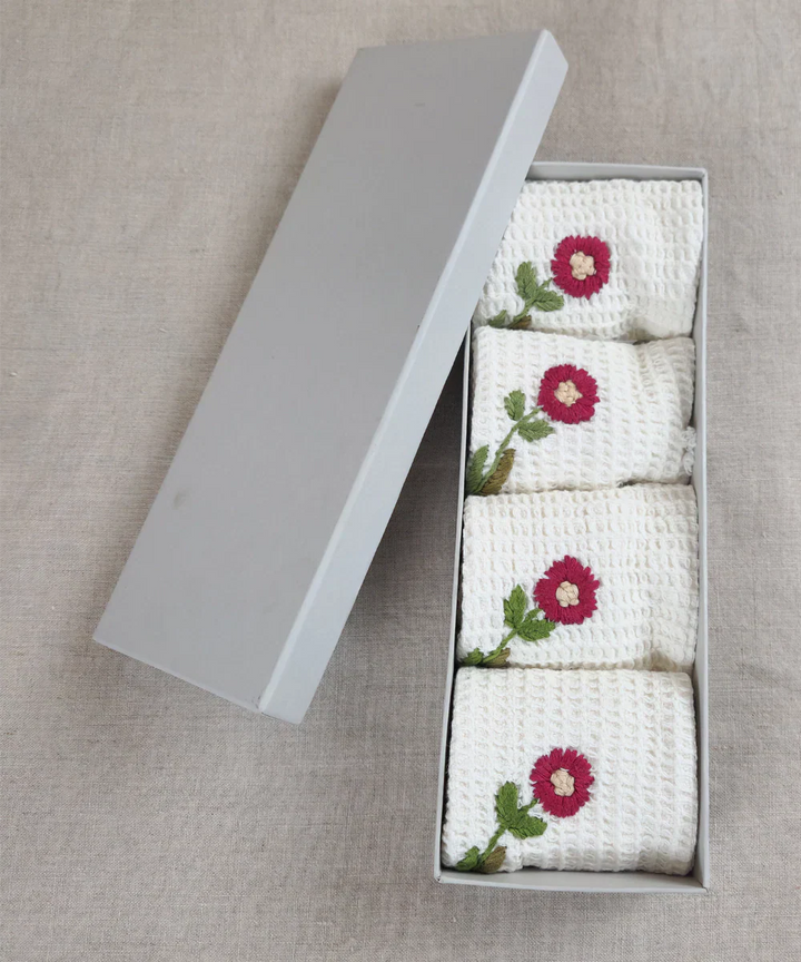 Embroidered Face Towel - Set of 4 pcs in Soft Cotton Waffle | White with Maroon | SHOBITAM