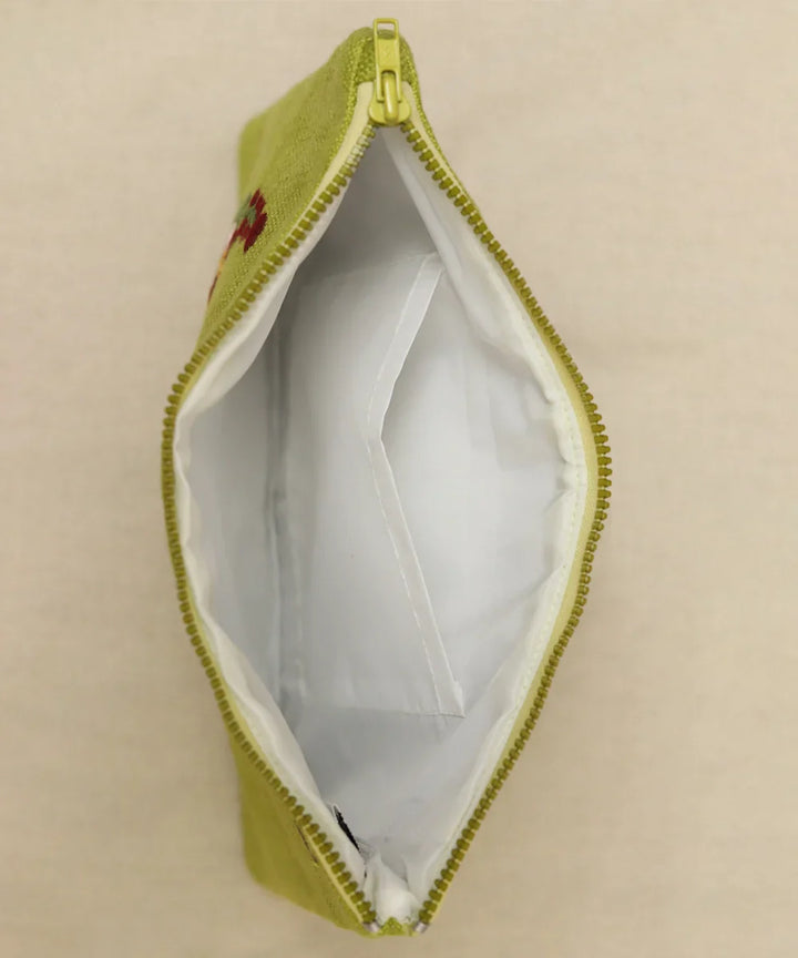 Bright Olive Green hand embroidered Pure Linen Utility Pouch with Lining & Zip | SHOBITAM