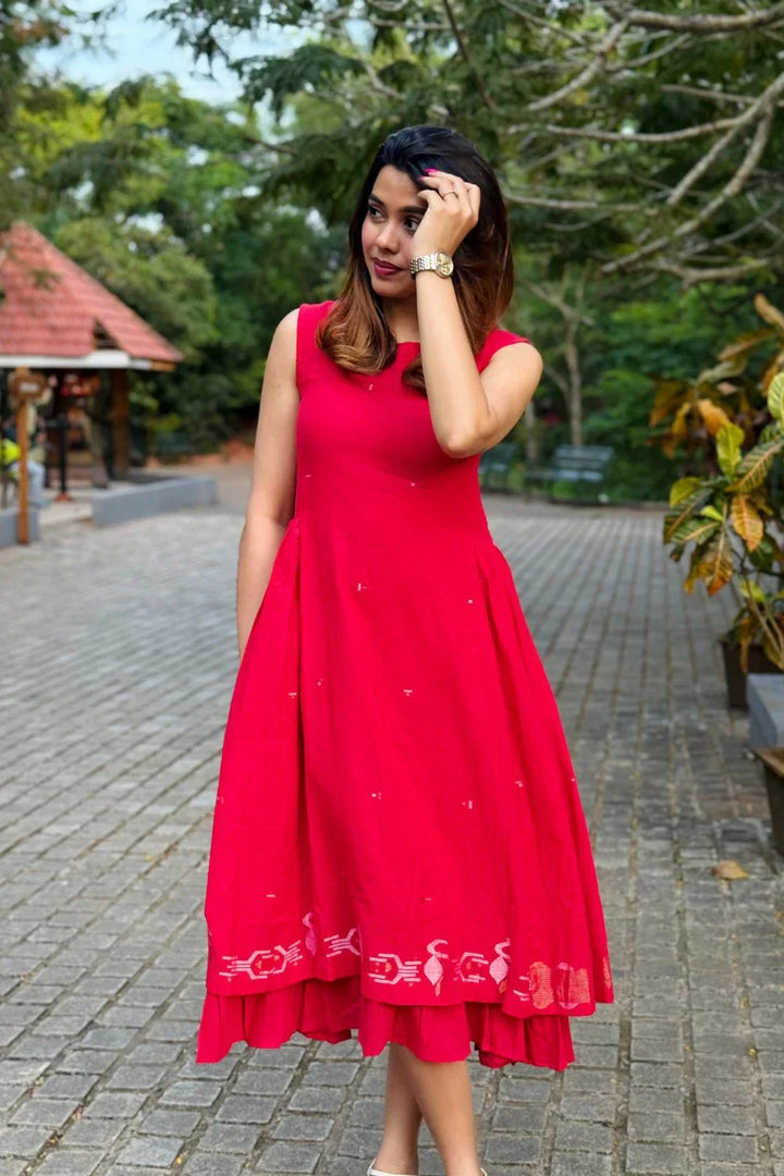 Radiance Red Layered Jamdani Dress | SHOBITAM