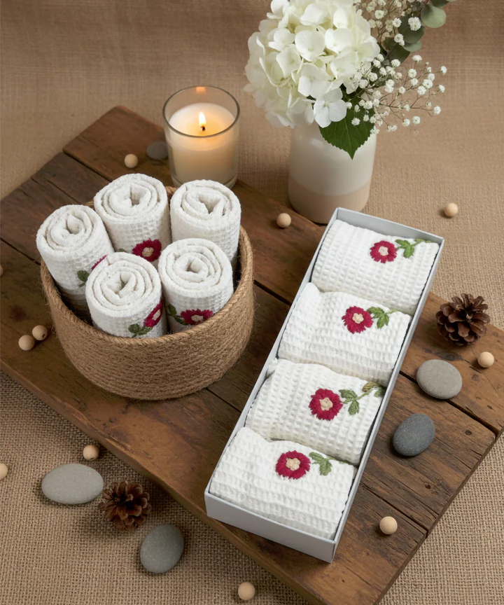 Embroidered Face Towel - Set of 4 pcs in Soft Cotton Waffle | White with Maroon | SHOBITAM