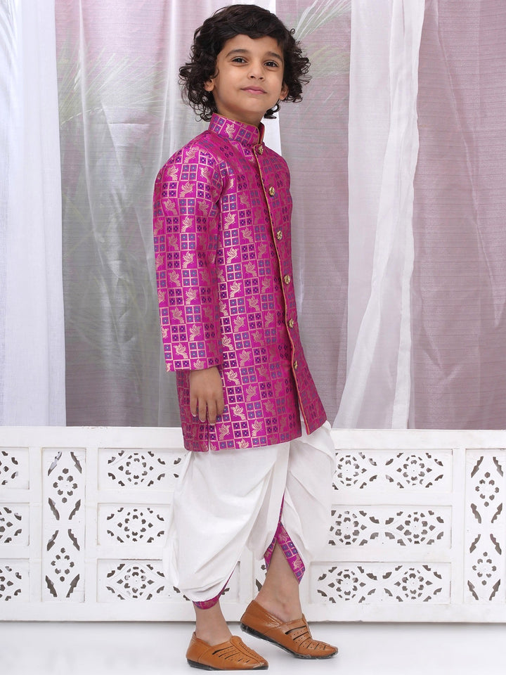 Boys Silk Brocade Full Sleeves Sherwani and Dhoti with Bird Embroidery & Kundan Buttons- Magenta | SHOBITAM