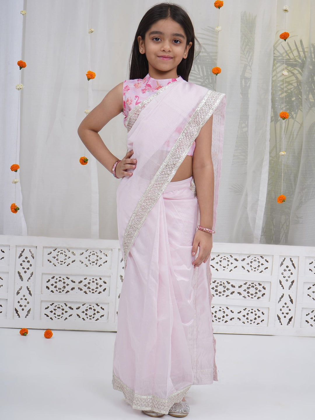 Girls Baby Pink Muslin Flamingo Blouse with Chanderi Semi-Silk Ready to wear Saree | SHOBITAM