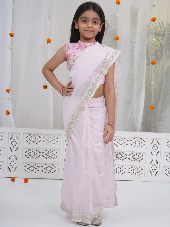 Girls Baby Pink Muslin Flamingo Blouse with Chanderi Semi-Silk Ready to wear Saree | SHOBITAM