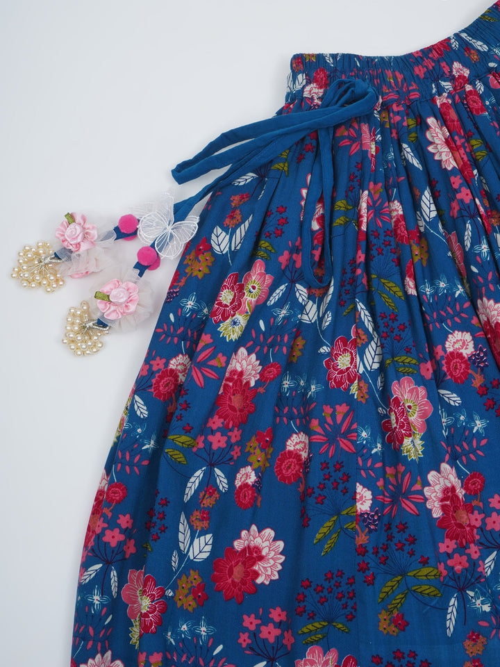 Girls Royal Blue Cotton Phoolon ki Bahar Lehenga Set | SHOBITAM