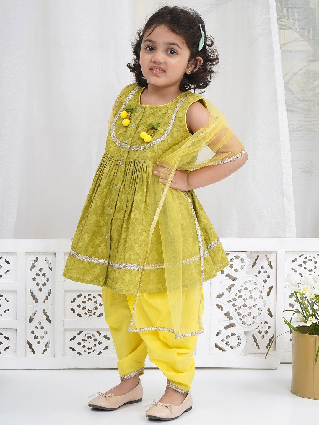 Girls Cotton Sleeveless Floral Self Weaving Kurta with Cherry Applique work and Salwar with Dupatta - Green