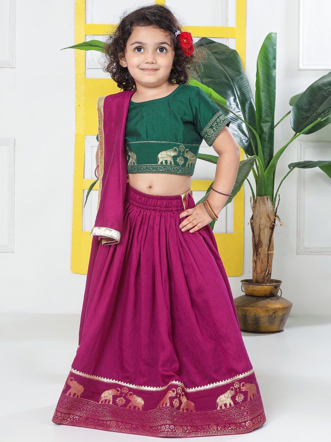 Grapevine Elephant Zari Embroidery Chanderi Cotton Lehenga with Stitched Green Blouse Set | SHOBITAM