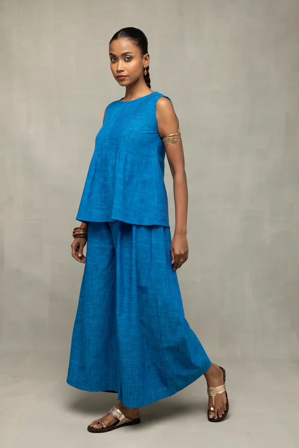 Azure Blue Textured Co-Ord Set with Sleeveless Top & Wide-Leg Pants | SHOBITAM
