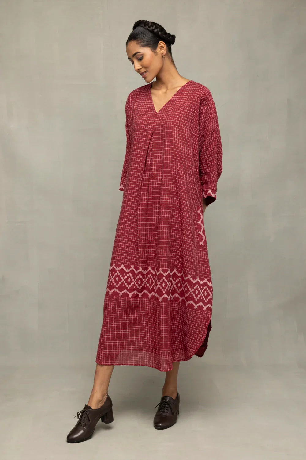 Crimson Checkered Jamdani Kaftan Dress | SHOBITAM