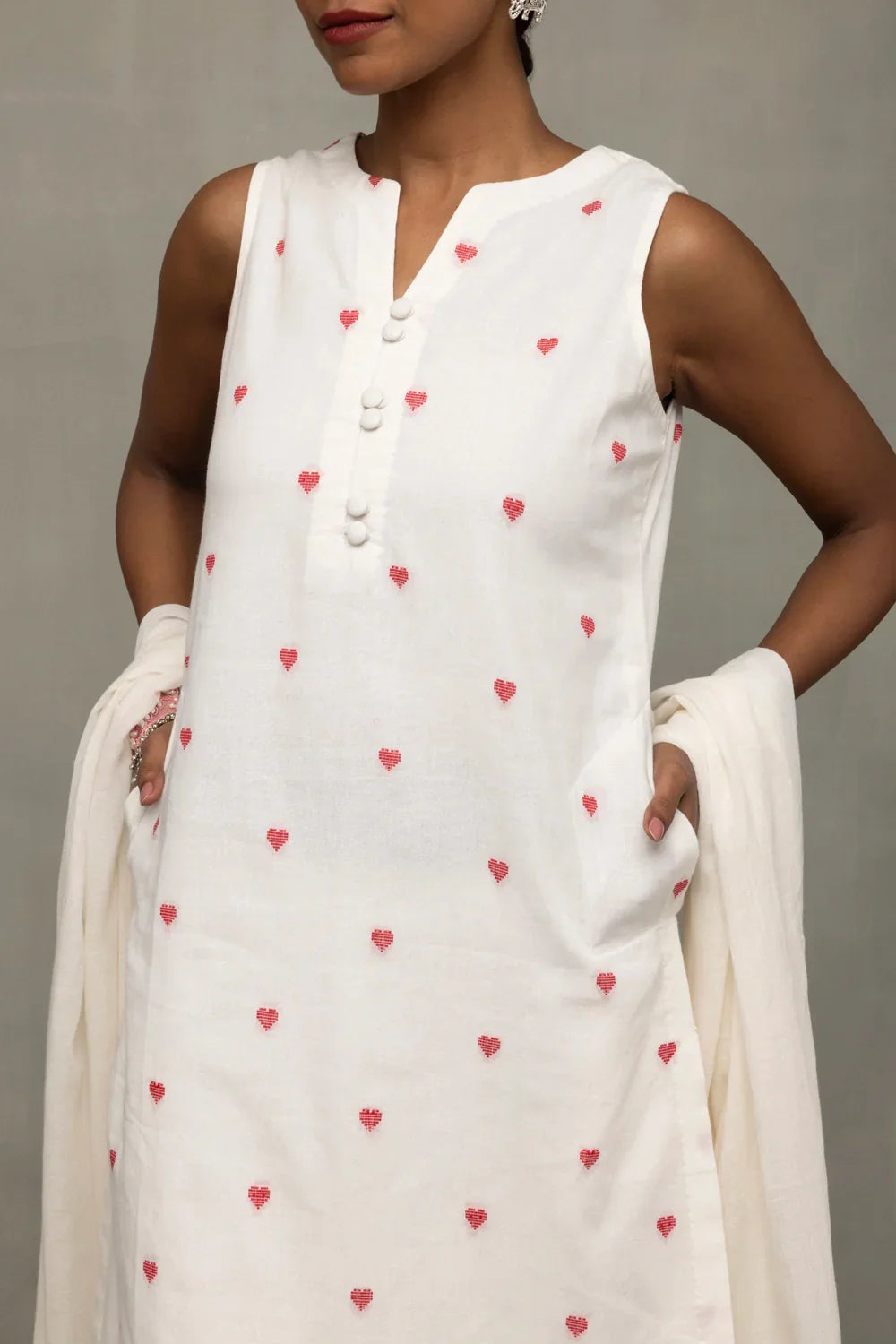 White & Red Hearts South Cotton Kurta Set With Dupatta | SHOBITAM