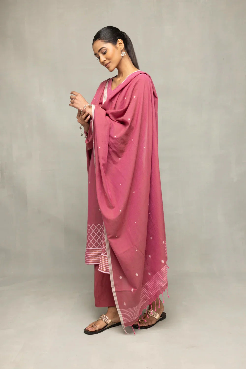 Dusty Rose Cross Motifs Jamdani Kurta Set With Dupatta | SHOBITAM
