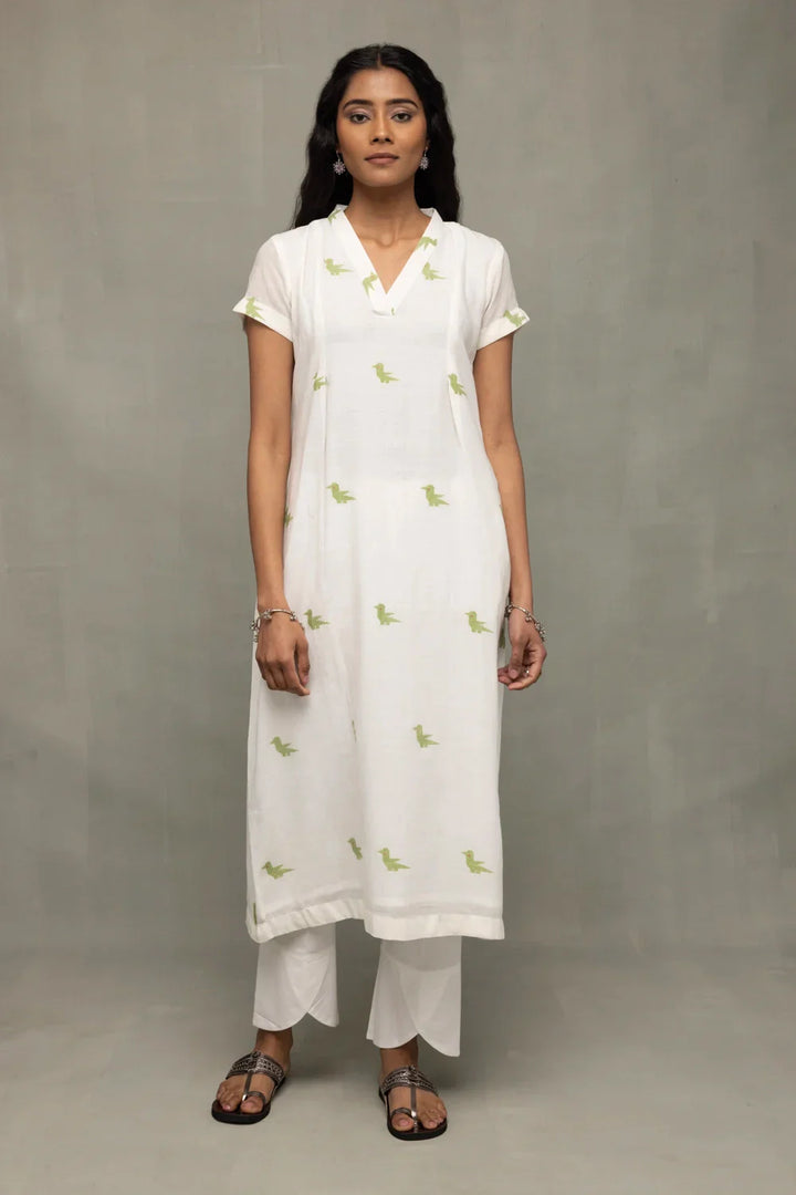 Ivory & Sage Green Bird Motif Jamdani Kurta Set with Dupatta | SHOBITAM