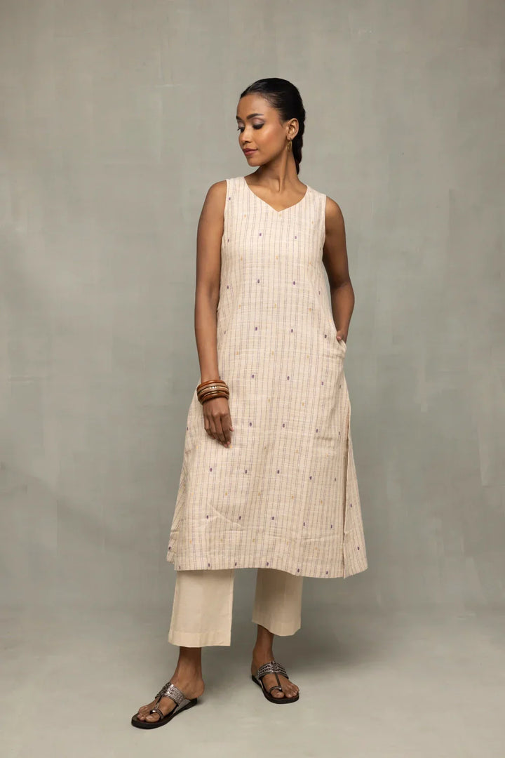 Cream and Mauve South Cotton Zari Kurta Set with Dupatta | SHOBITAM