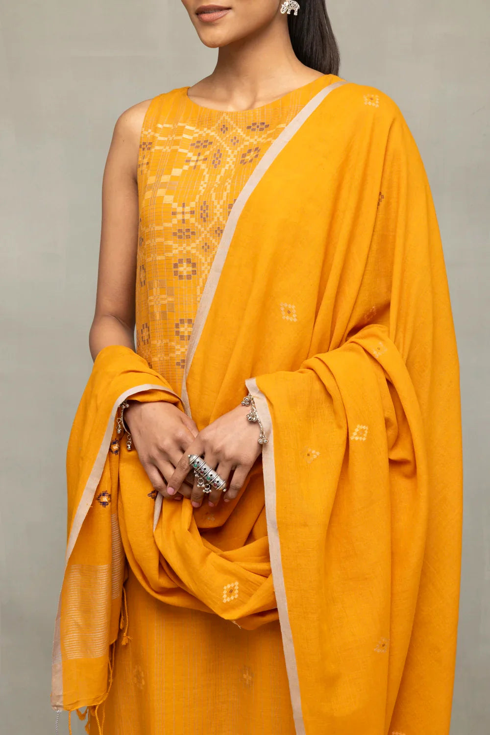 Mustard & Moonlight Jamdani Kurta Set with Dupatta | SHOBITAM