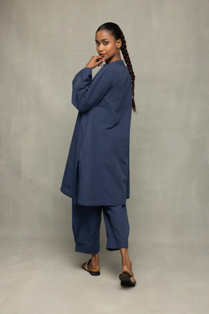 Muted Navy Blue Minimalist Kala Cotton Co-Ord Set | SHOBITAM