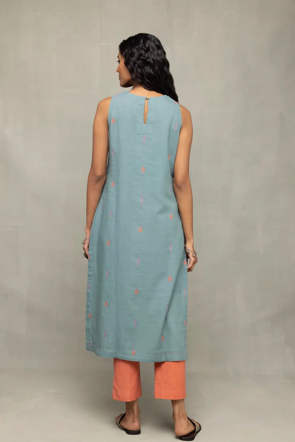Zen Blue Straight Fit Jamdani Kurta Set with Tangerine Leaf Motif Dupatta | SHOBITAM