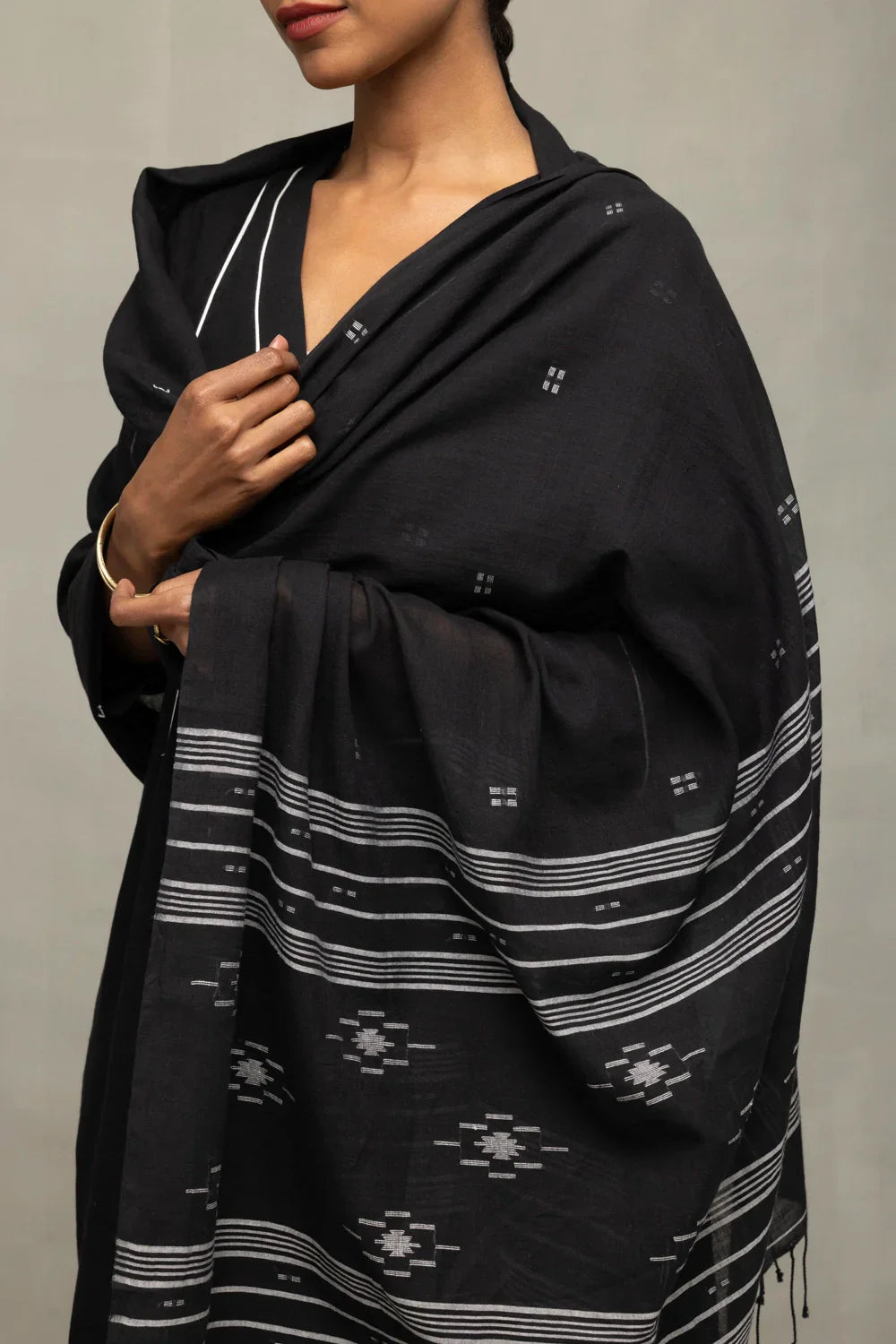 Black Bengal Cotton Kurta Set With Jamdani Dupatta | SHOBITAM