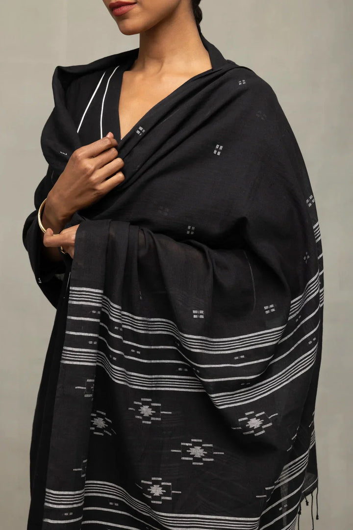 Black Bengal Cotton Kurta Set With Jamdani Dupatta | SHOBITAM