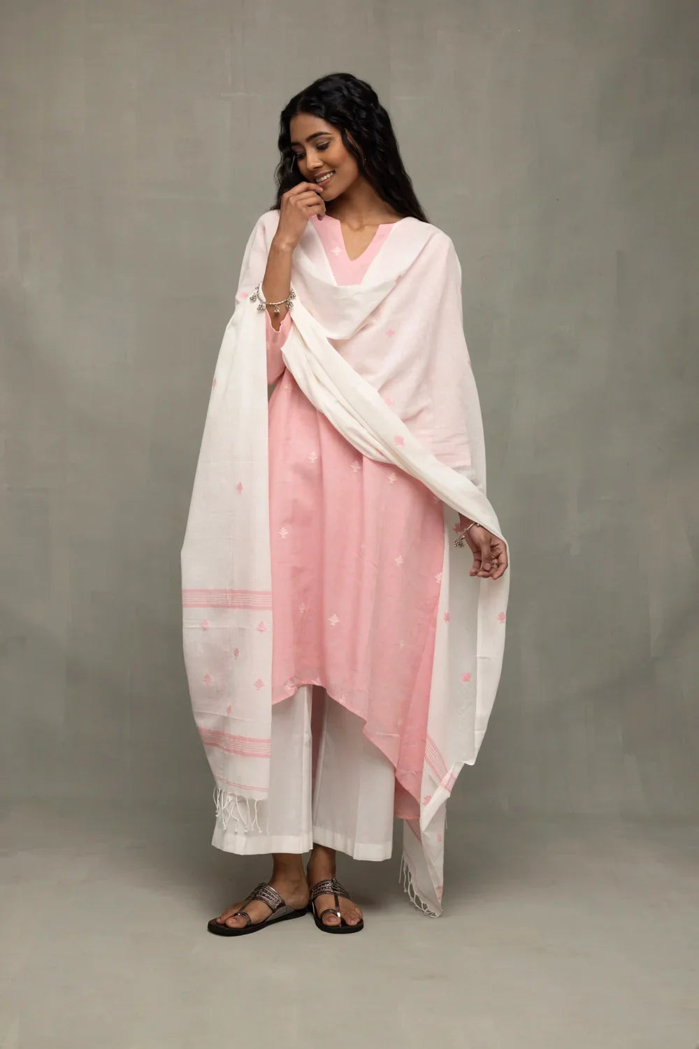 Petal Pink Handwoven Jamdani Kurta Set with Dupatta | SHOBITAM