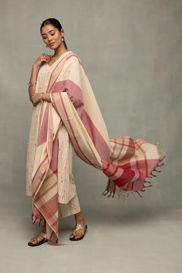 Cream and Pink South Cotton Zari Kurta Set With Dupatta