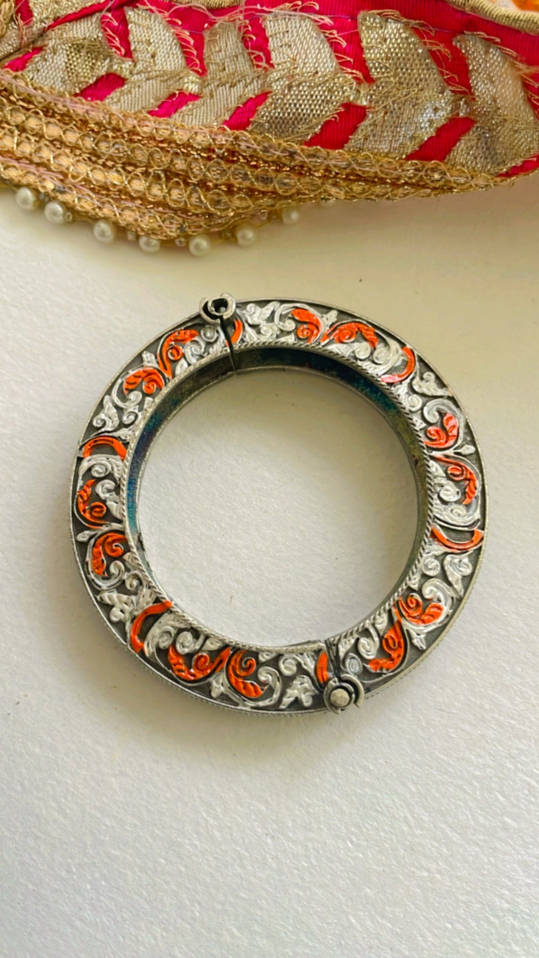 Hand painted Ruth Bangle in Brass with Antique Silver Polish and Adjustable Screw- Single Piece | SHOBITAM
