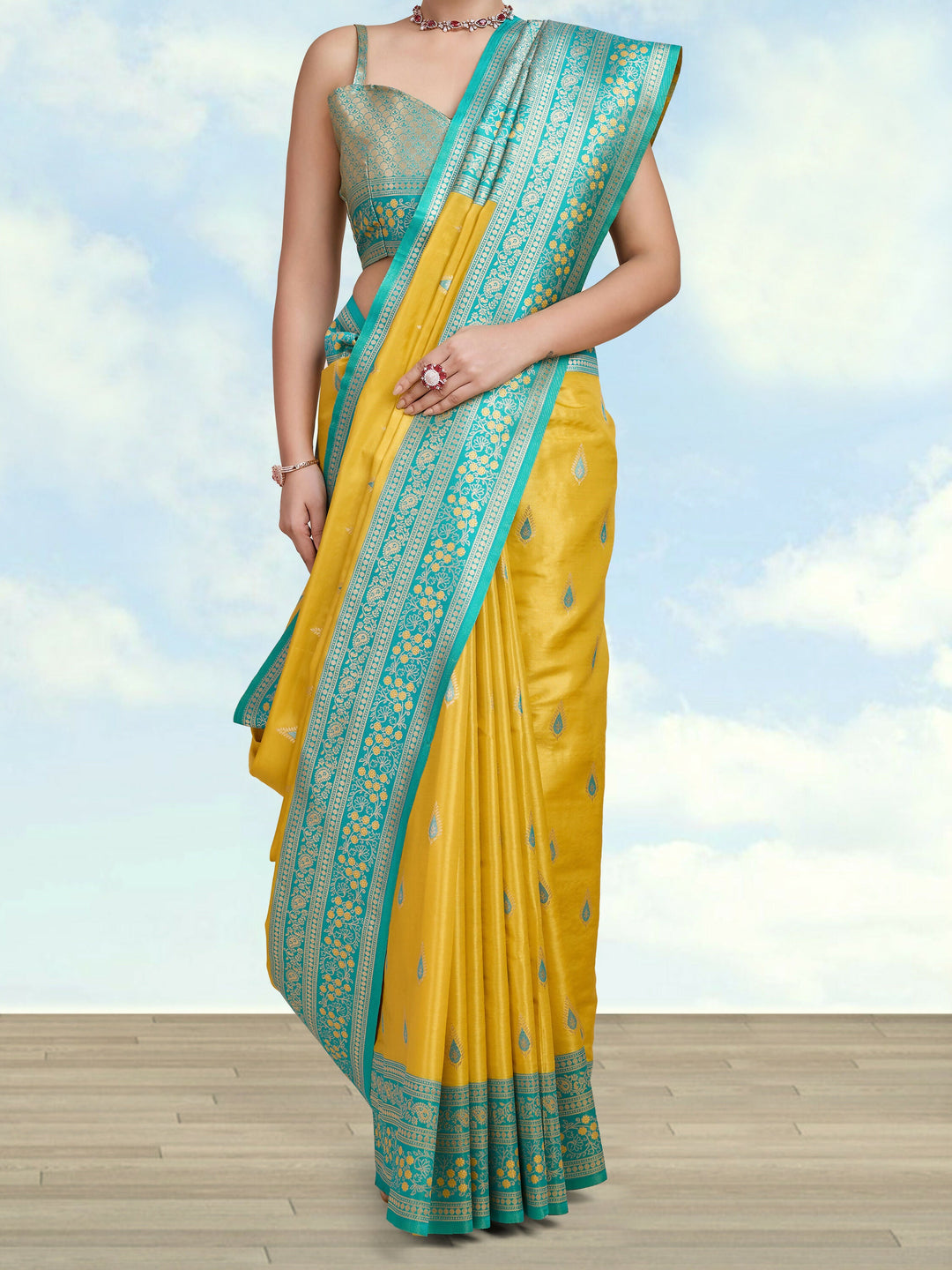 Semi Banarasi Tissue Silk Zari Woven Yellow Saree | SHOBITAM