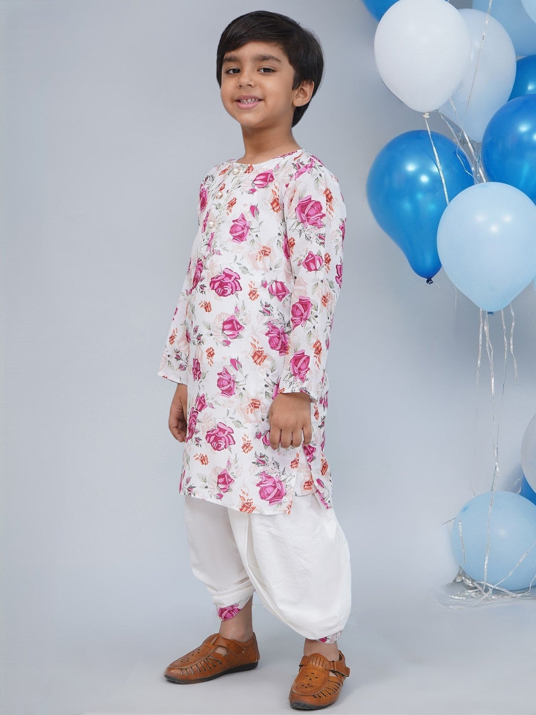 Boys Cream Muslin Garden Rose Dhoti Kurta Set | SHOBITAM