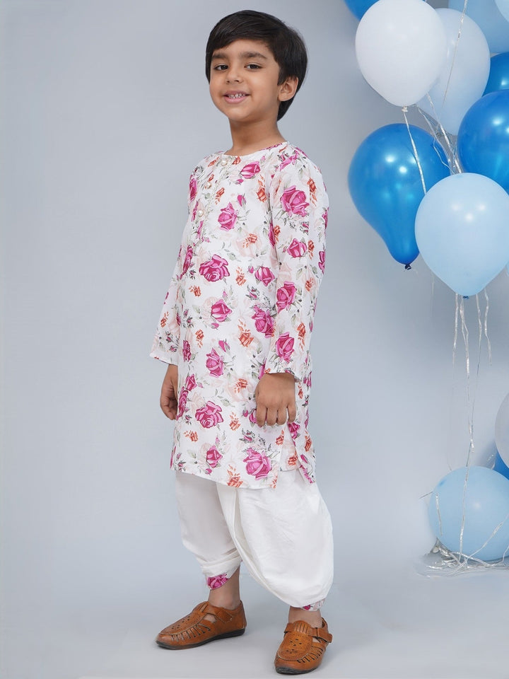Boys Cream Muslin Garden Rose Dhoti Kurta Set | SHOBITAM